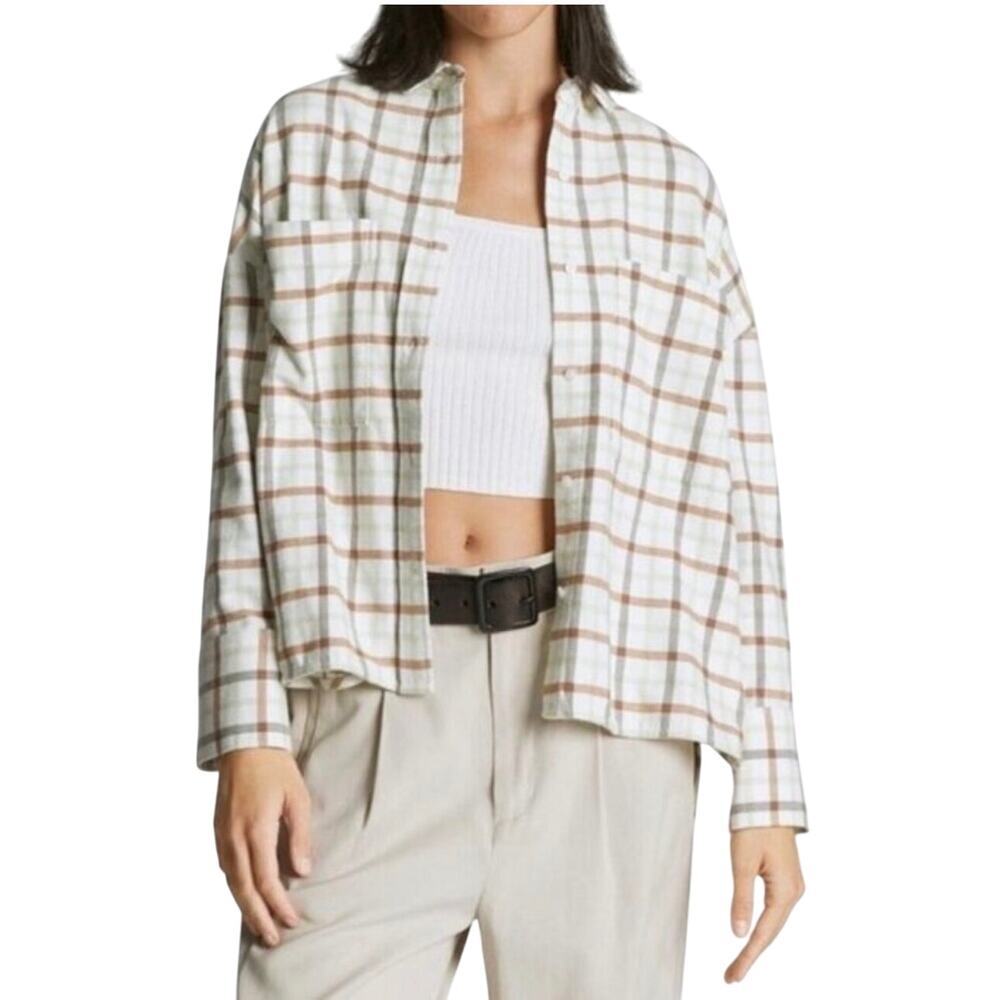 NWT EVERLANE Women’s Neutral Plaid Boxy Button front Flannel Shirt